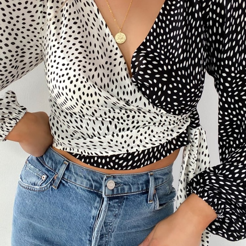 Black & White Print Two-Tone Long Sleeve Wrap Top